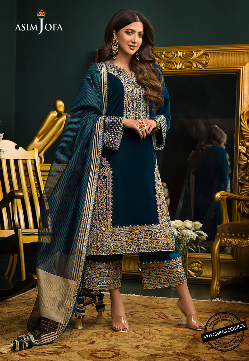 MP524 - Winter Heavy Embroidered Velvet Dress with Silk Trouser