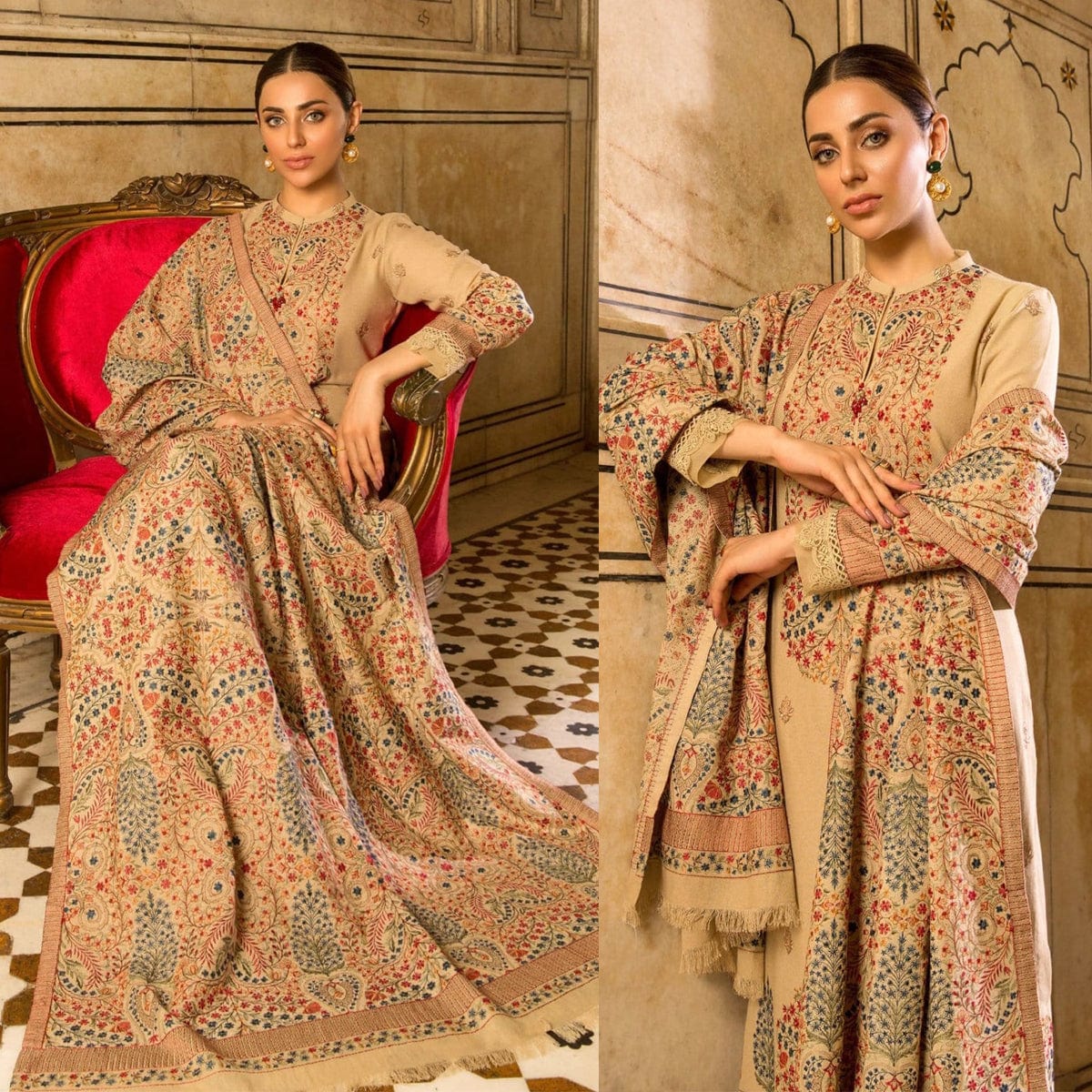 MP528-WINTER 3-Pc Embroidered Dhanak Suit with Heavy Embroidered Dhanak Shawl