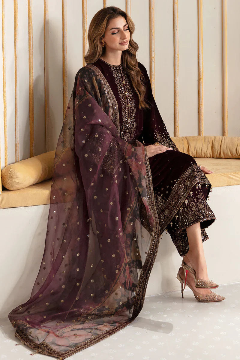 MP902-Winter Velvet Unstitched 3PCs Embroidered Dress With Organza Dupatta