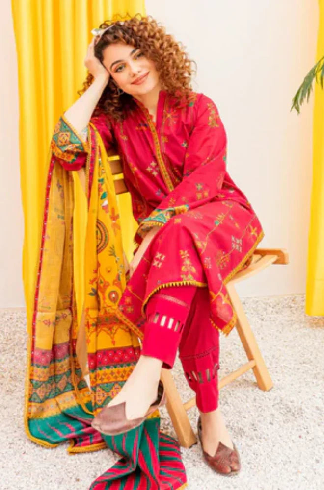 MP912-WINTER 3PC Dhannak Embroidered suit with Printed Shawll