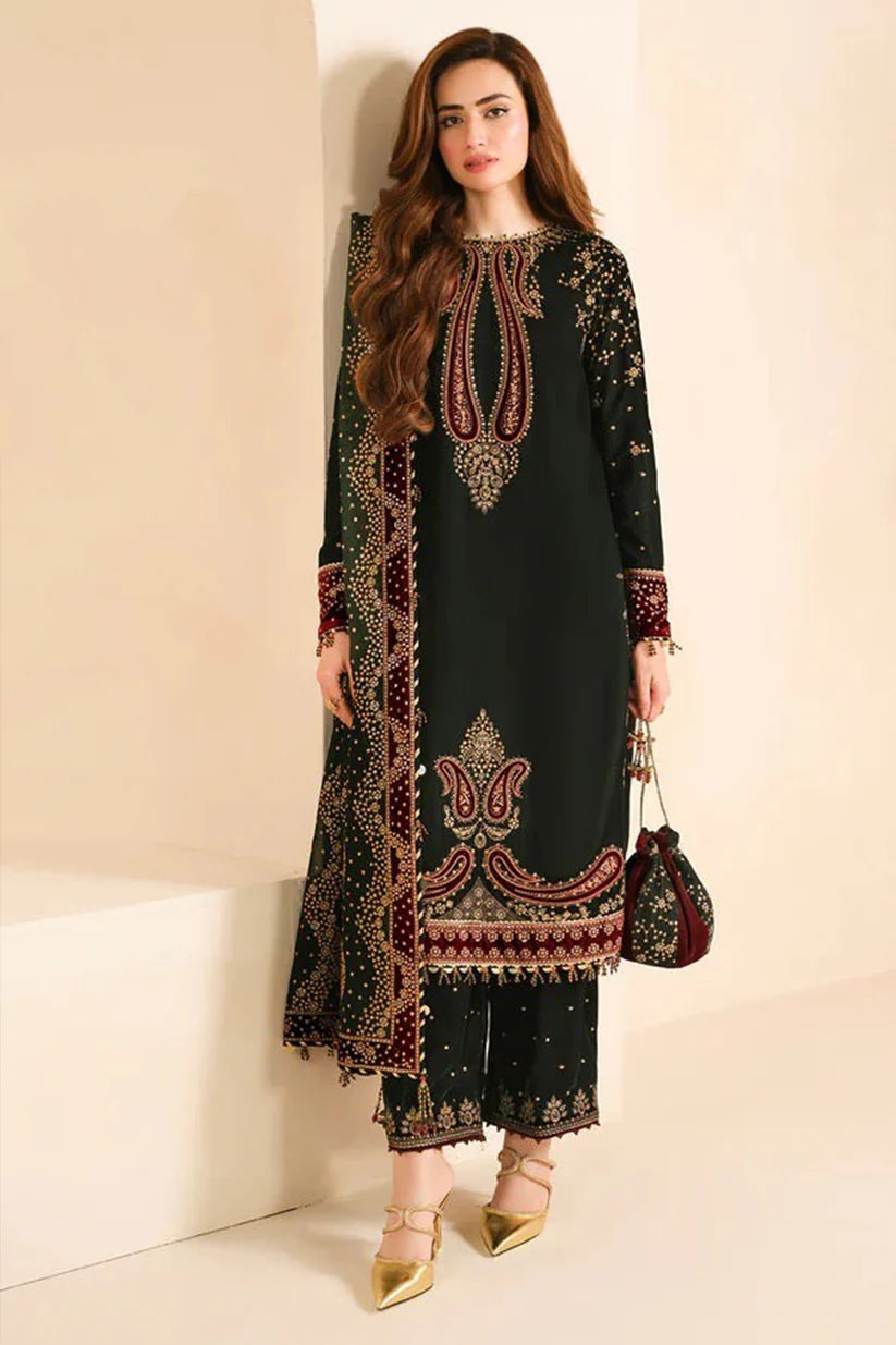 MP1102- Velvet Winter Embroidered 3 Piece Dress With Organza Printed Dopata