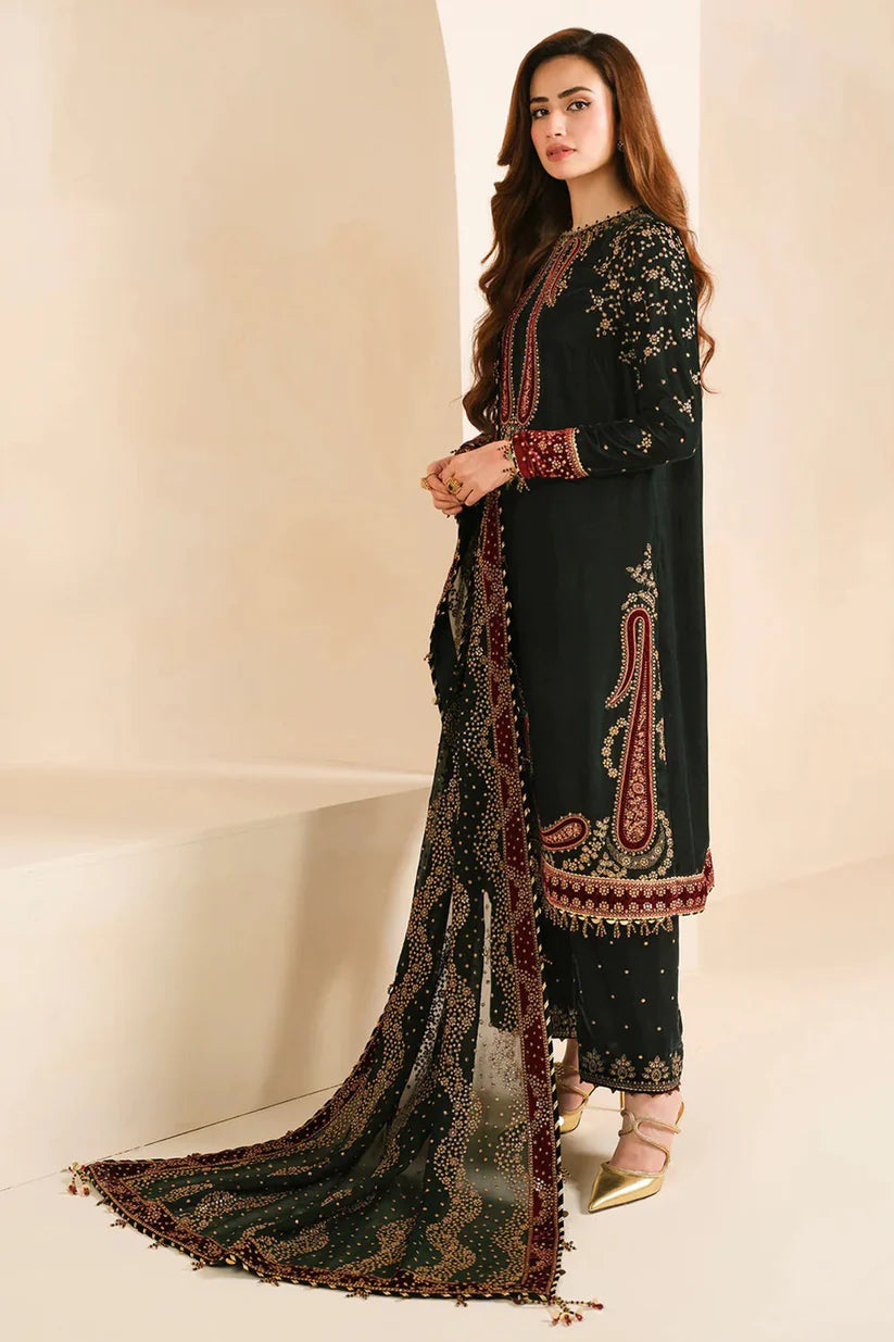 MP1102- Velvet Winter Embroidered 3 Piece Dress With Organza Printed Dopata