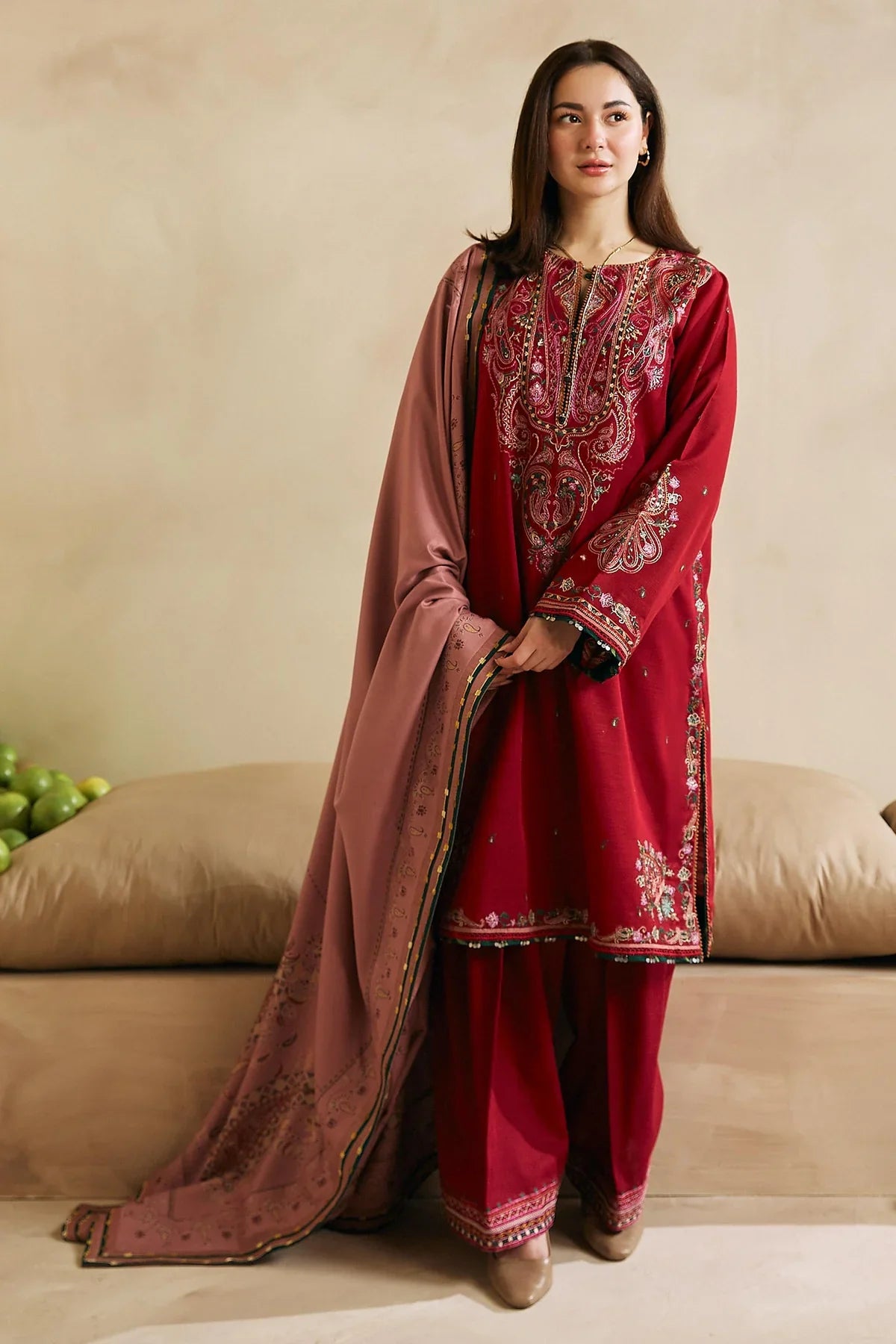 MP602-WINTER 3-Pc Embroidered Dhanak Suit with Heavy Embroidered Dhanak Shawll