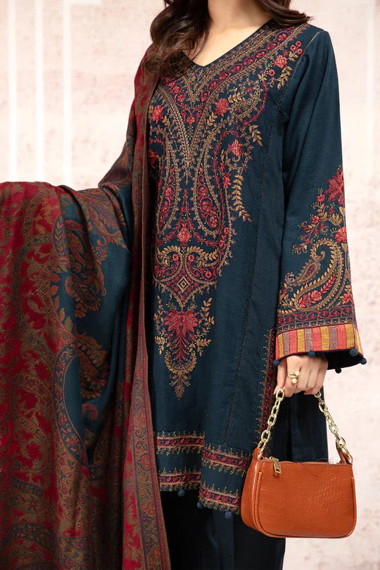 MP582-Winter 3PC Khaddar Embroidered Suit with Printed Wool Shawll