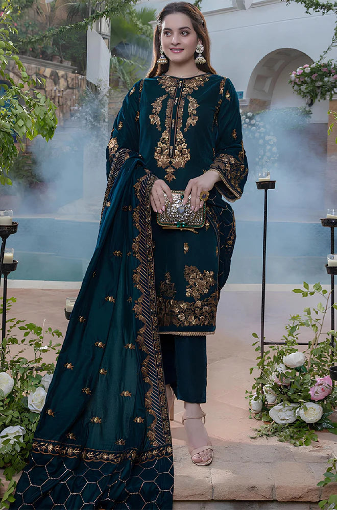 MP404-Embroidered Velvet Three piece With Velvet Shawl Winter Collection