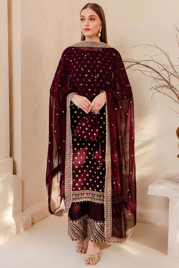 MP1104 - Winter Unstitched 3PCs Embroidered Velvet Dress With Embroidered Organza Dupatta
