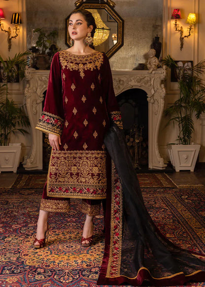 MP556-Velvet Winter Embroidered 3 Piece Dress With Organza embroidered Dopata