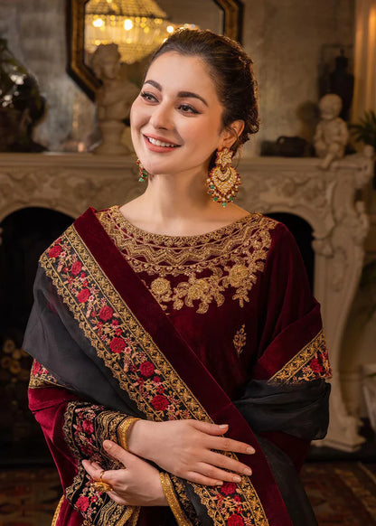 MP556-Velvet Winter Embroidered 3 Piece Dress With Organza embroidered Dopata