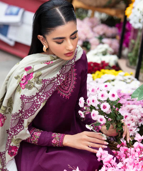 MP581-WINTER 3PC Dhannak Embroidered suit with Printed Shawll