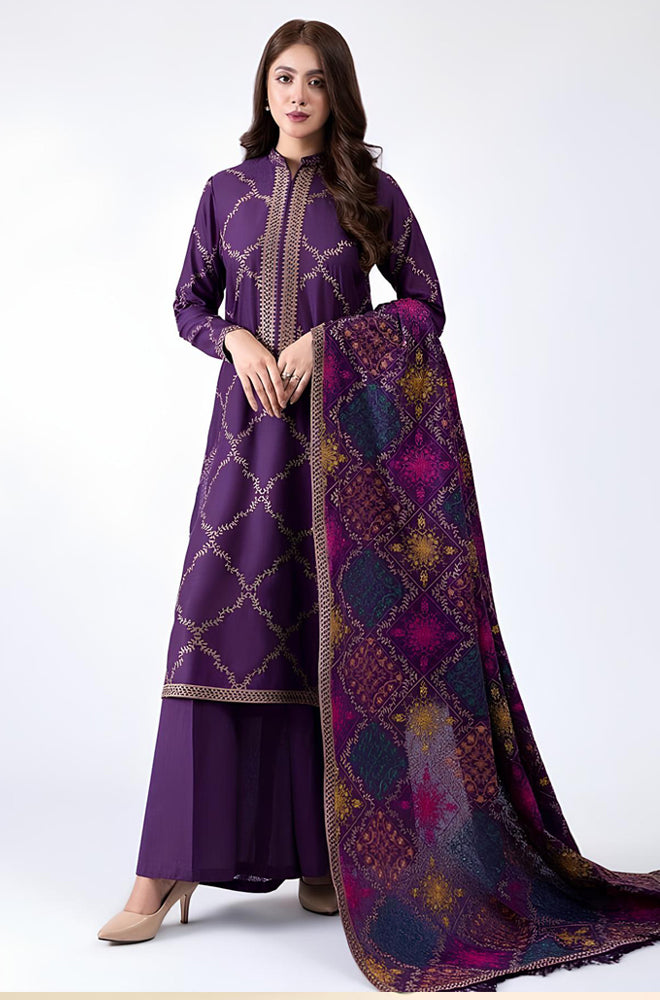 MP603-WINTER 3-Pc Embroidered Dhanak Suit with Heavy Embroidered Dhanak Shawll