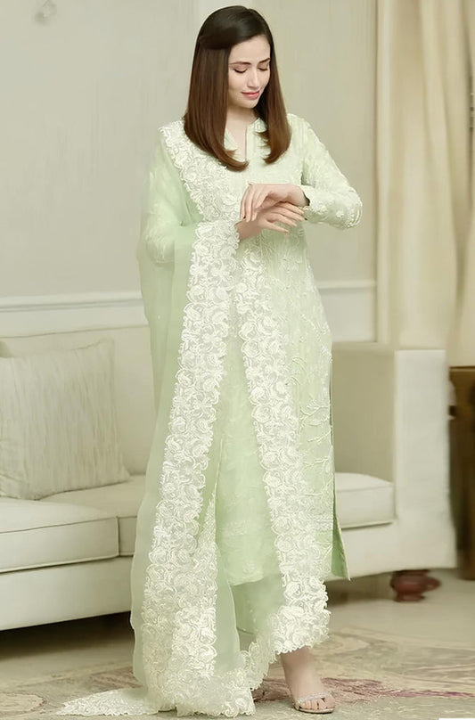 MP210-Pista- 3PC Lawn Heavy Embroidered Shirt With Organza Embroidered Dupatta