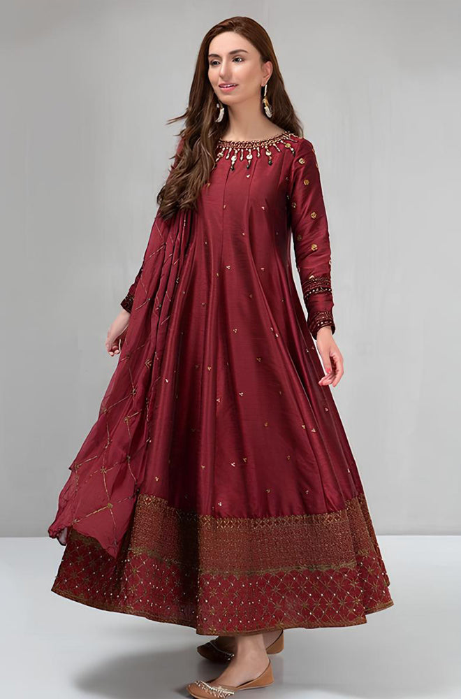 MP099-Maria B Winter, unstiched 3 piece kataan silk frock style embroidered suit