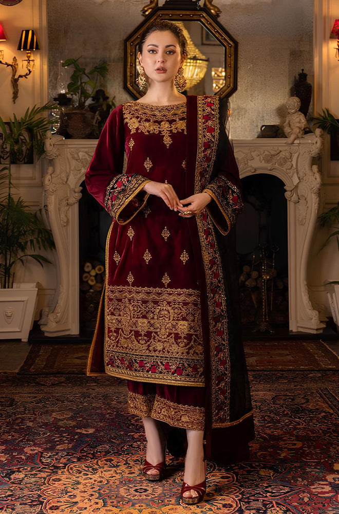 MP556-Velvet Winter Embroidered 3 Piece Dress With Organza embroidered Dopata