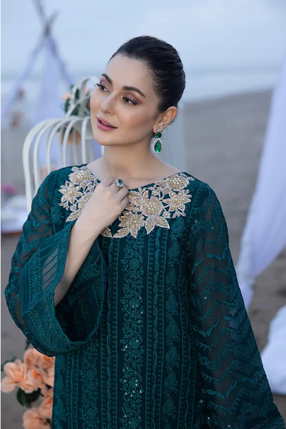 MP1233 - AZURE - 3PC Lawn Embroidered Shirt with Chiffon Embroidered Dupatta and Trouser