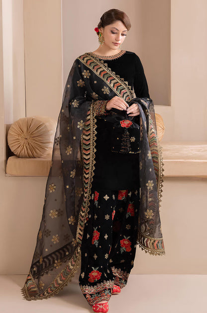 MP577-Embroidered Velvet Dress With Organza embroidered Dopata