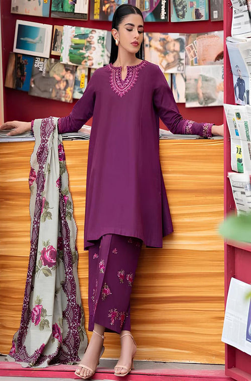 MP581-WINTER 3PC Dhannak Embroidered suit with Printed Shawll