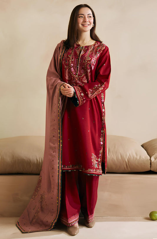 MP602-WINTER 3-Pc Embroidered Dhanak Suit with Heavy Embroidered Dhanak Shawll