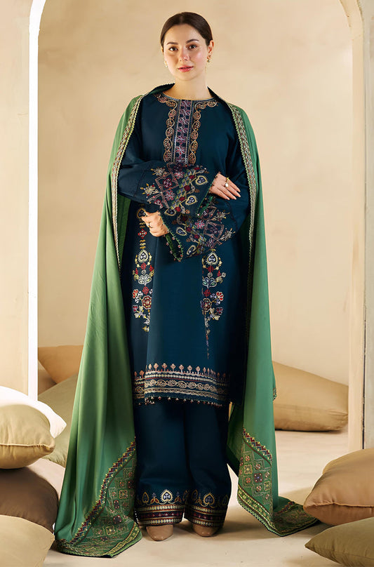 MP590-WINTER 3-Pc Embroidered Dhanak Suit with Heavy Embroidered Dhanak Shawll