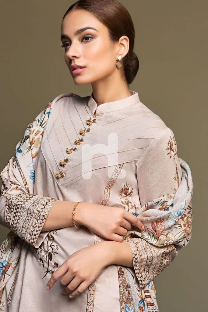 MP589-WINTER 3PC Dhannak Embroidered suit with Printed Shawll