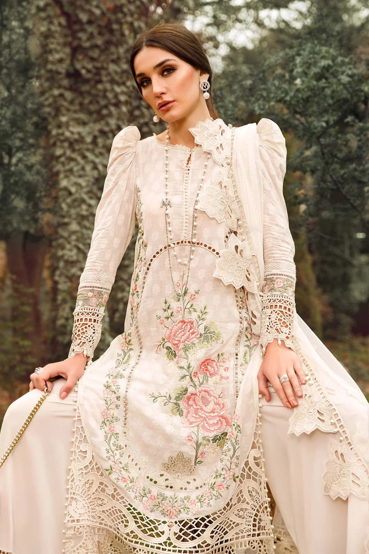MP203-3PC Lawn Heavy Embroidered Sequence Work With Organza Embroidered Dupatta