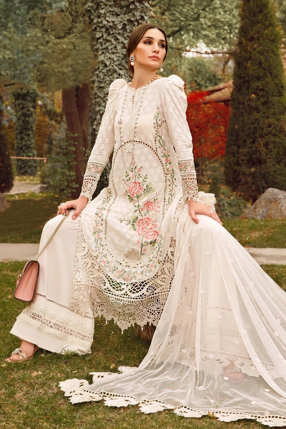 MP203-3PC Lawn Heavy Embroidered Sequence Work With Organza Embroidered Dupatta