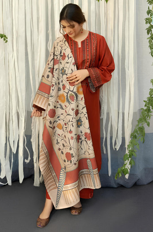 MP914-WINTER 3PC Dhannak Embroidered suit with Printed Shawll