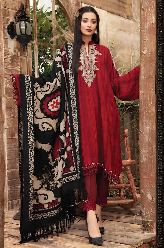 MP520-WINTER 3PC Dhannak Embroidered suit with Printed Shawll