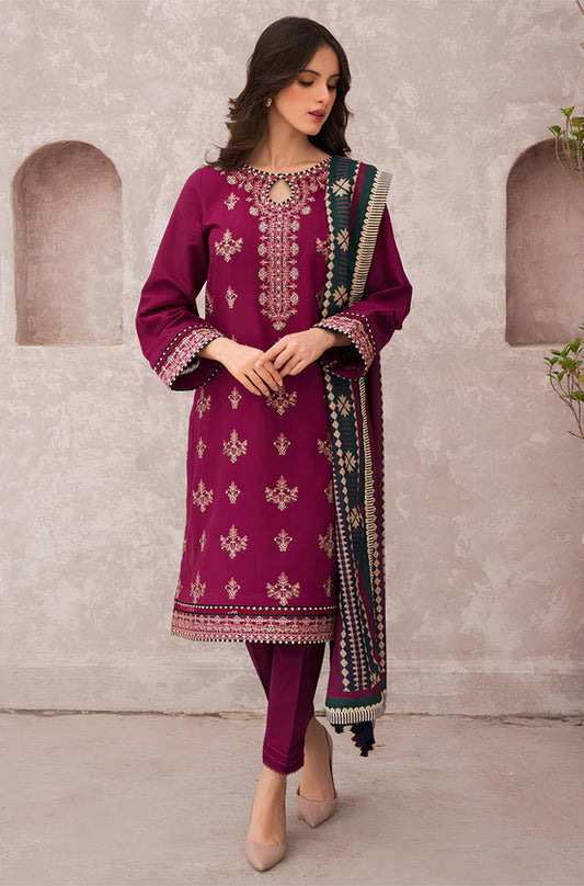 MP619-WINTER 3PC Dhannak Embroidered suit with Printed Shawll