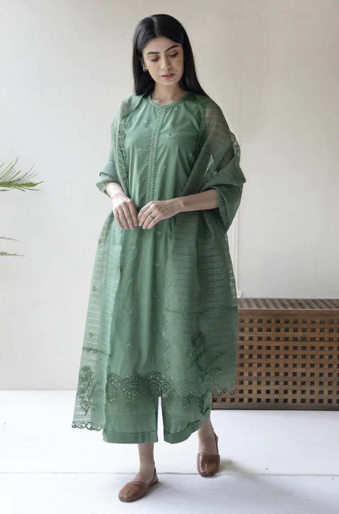 MP732-SUMMER 3PC Lawn Embroidered Shirt With Organza Embroidered Dupatta
