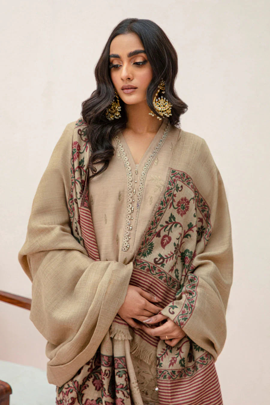 MP574 - WINTER 3PC Dhannak Embroidered suit with Printed Shawll