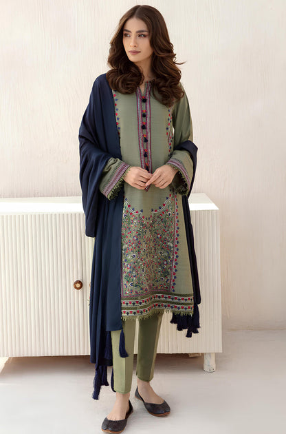 MP550-3pc Winter Embroidered khaddar Shirt With Bumble Wool Shawll