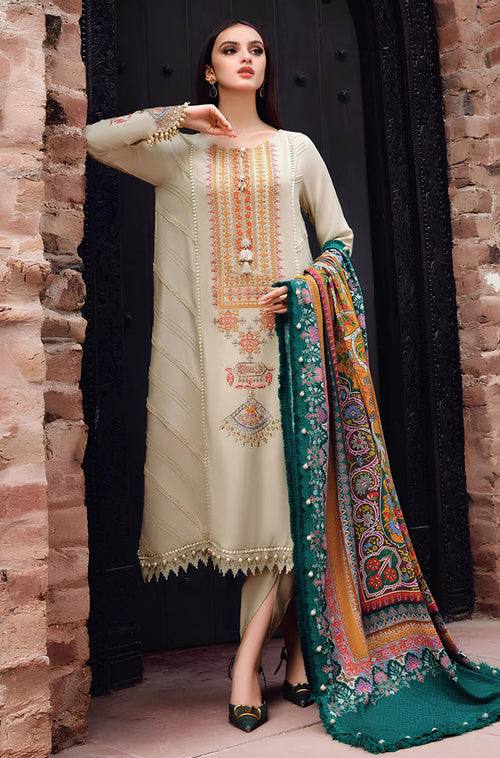MP539-WINTER 3PC Dhannak Embroidered suit with Printed Shawll