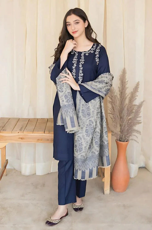 MP627-WINTER 3PC Dhannak Embroidered suit with Printed Shawll