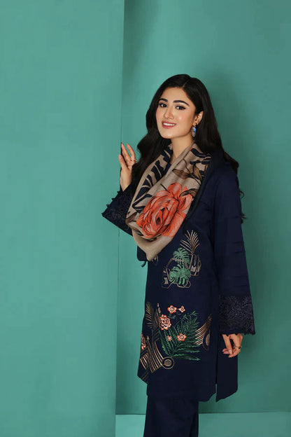 MP585-WINTER Nishat Blue Linen Embroidered three piece With Printed Wool Shawll