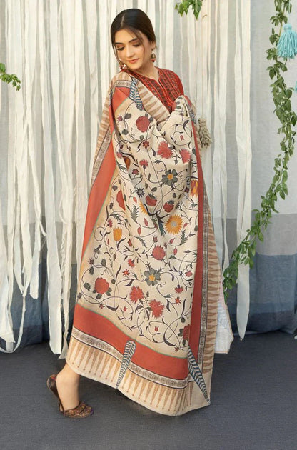 MP914-WINTER 3PC Dhannak Embroidered suit with Printed Shawll