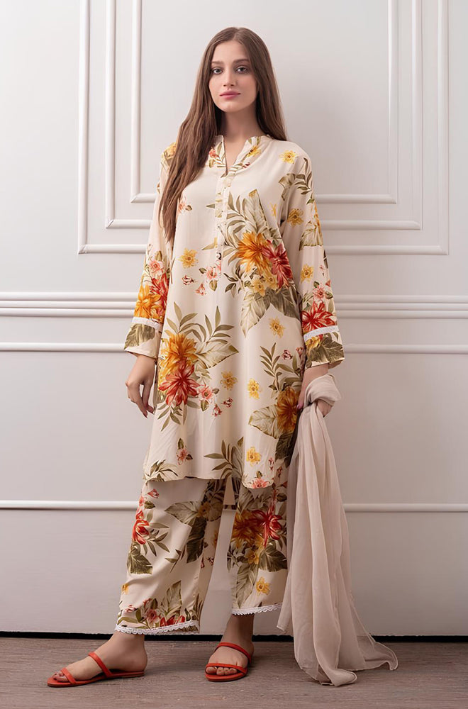 MP723-3 Piece Unstitched Digital Printed Lawn Suit - Plain chiffon Dupatta
