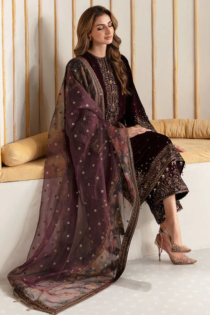 MP902-Winter Velvet Unstitched 3PCs Embroidered Dress With Organza Dupatta