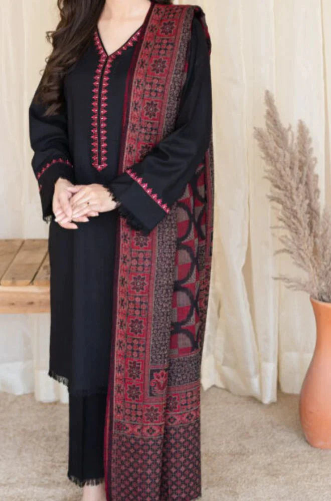 MP628-WINTER 3PC Dhannak Embroidered suit with Printed Shawll