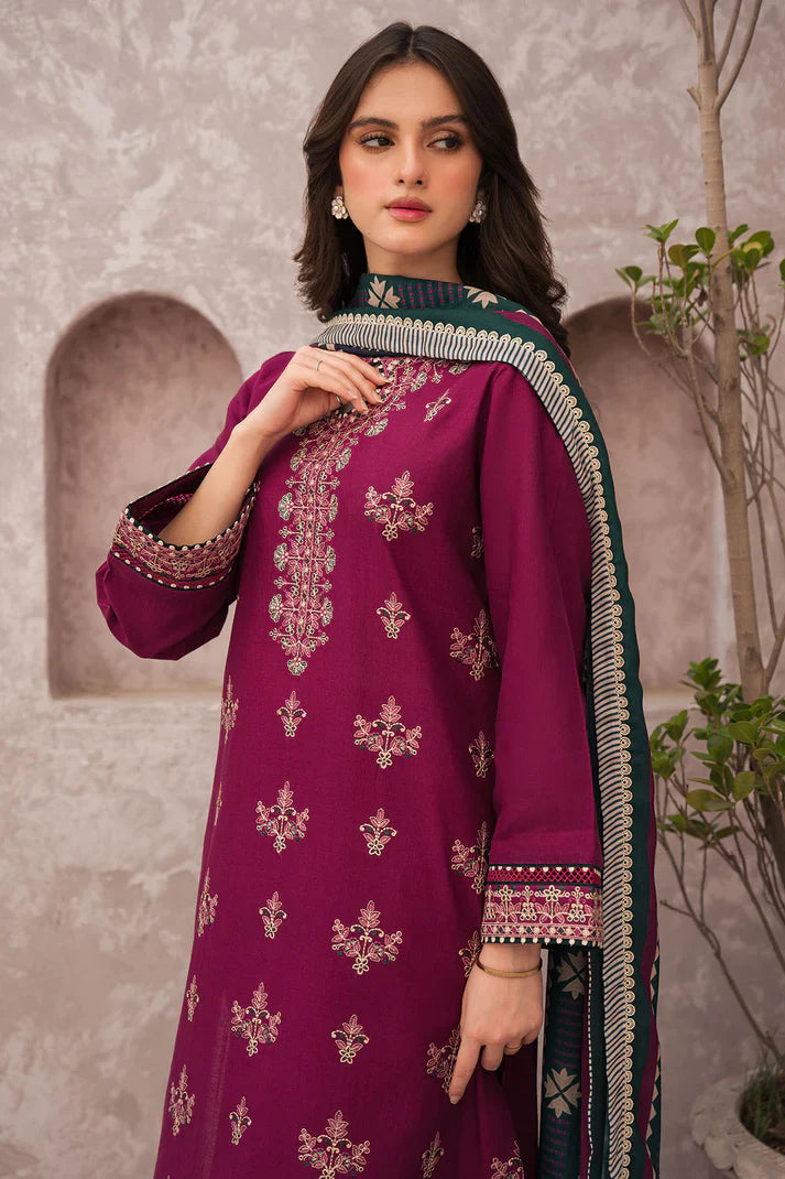 MP619-WINTER 3PC Dhannak Embroidered suit with Printed Shawll