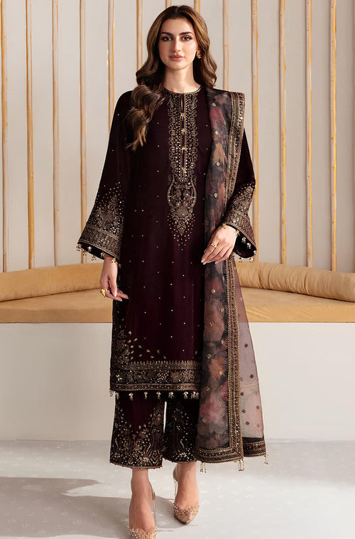 MP902-Winter Velvet Unstitched 3PCs Embroidered Dress With Organza Dupatta