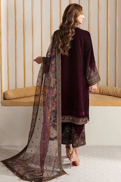 MP902-Winter Velvet Unstitched 3PCs Embroidered Dress With Organza Dupatta