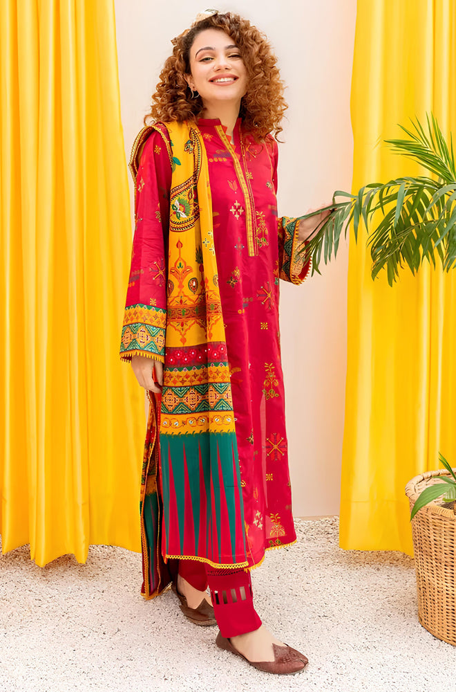 MP912-WINTER 3PC Dhannak Embroidered suit with Printed Shawll