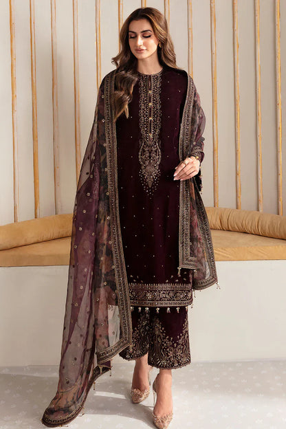 MP902-Winter Velvet Unstitched 3PCs Embroidered Dress With Organza Dupatta