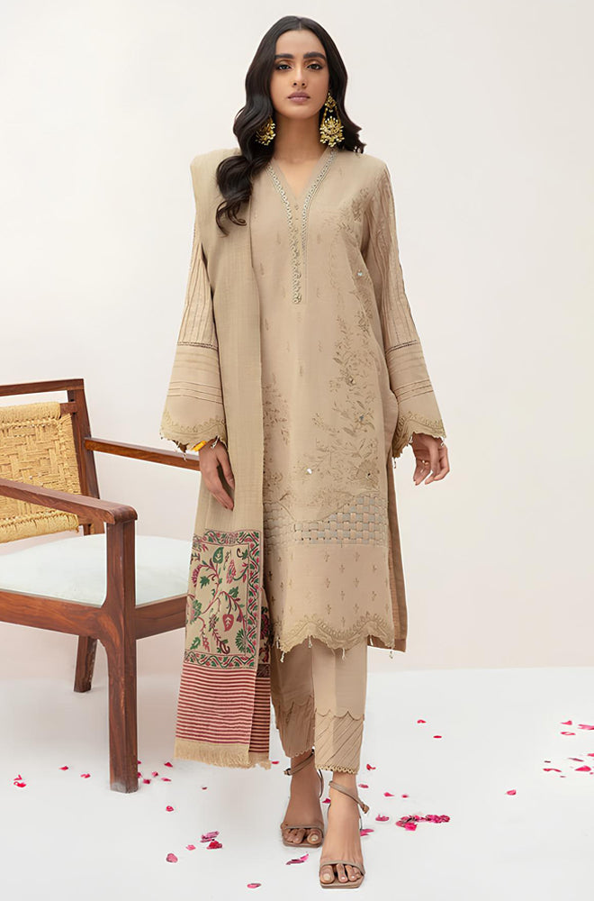 MP574 - WINTER 3PC Dhannak Embroidered suit with Printed Shawll