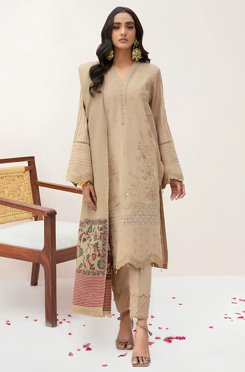 MP574 - WINTER 3PC Dhannak Embroidered suit with Printed Shawll