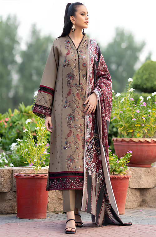 MP617-WINTER 3PC Dhannak Embroidered suit with Printed Shawll