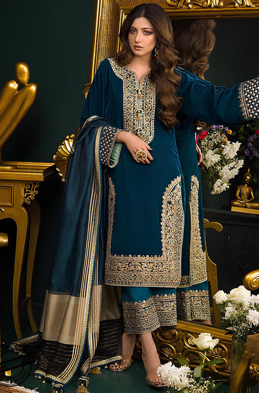 MP524 - Winter Heavy Embroidered Velvet Dress with Silk Trouser