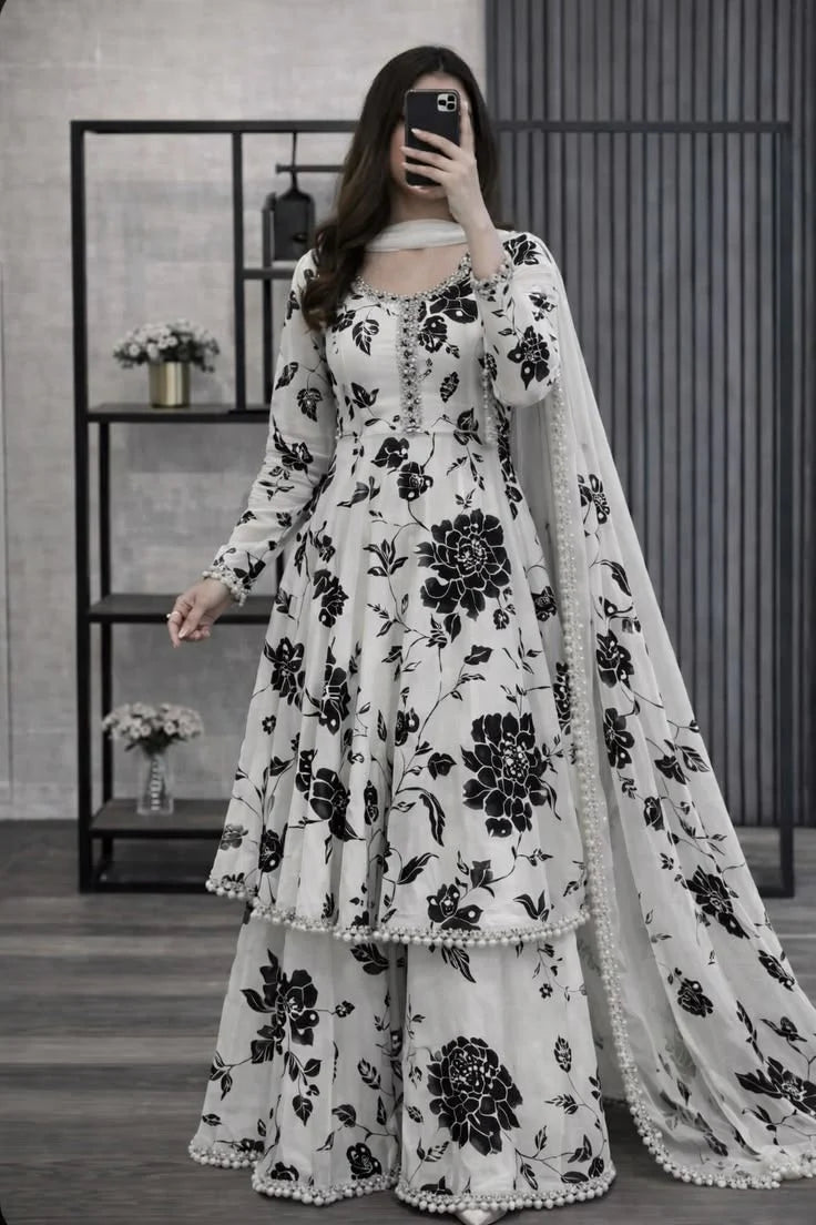 MP1213- Maliha - 3 piece kataan silk frock style Printed suit