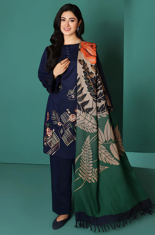 MP585-WINTER Nishat Blue Linen Embroidered three piece With Printed Wool Shawll