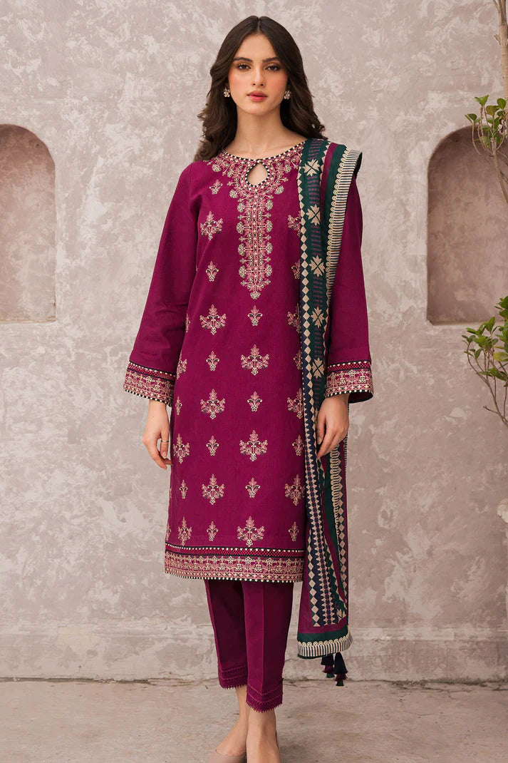 MP619-WINTER 3PC Dhannak Embroidered suit with Printed Shawll